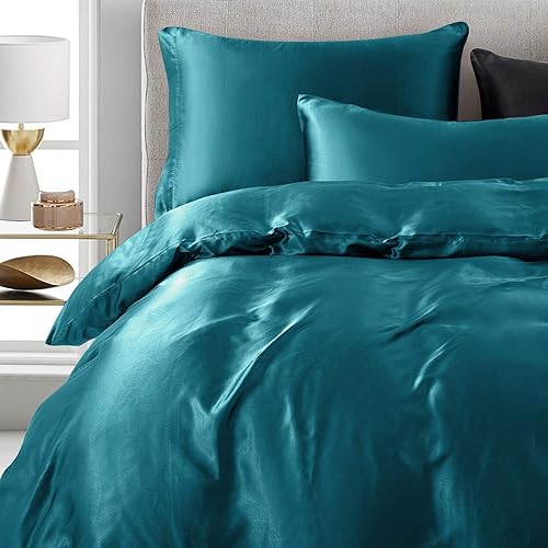 Miniatura 7 de Juego de funda de edredón de satén de 3 piezas, 100% satén de alta densidad, ultra suave seda como satén juego de cama con cremallera y lazos de