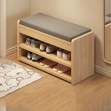 Shoe Storage Bench with Padded Seat Cushion,Small Shoe Cabinet Bench,Wooden Entrance Shoes Rack Stool,2 Tier Shoes Organizer for Entryway, Bedroom, Dorm,Natural,60cm