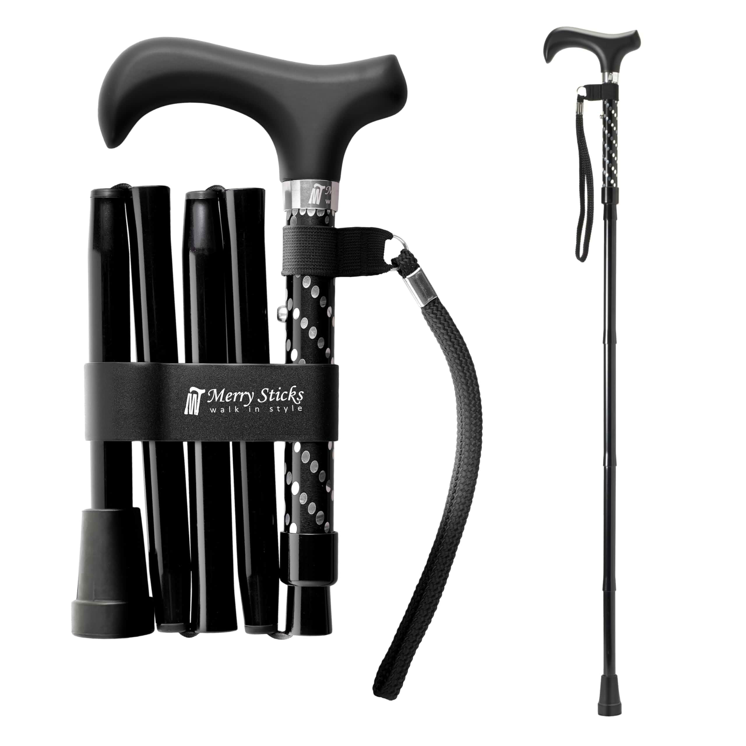 Merry Sticks Lightweight Foldable Walking Canes for Women and Men, Adjustable & Collapsible Walking Stick for Seniors, Balancing Mobility Aids, Ergonomic Handle & Wrist Strap - Dazzling Black