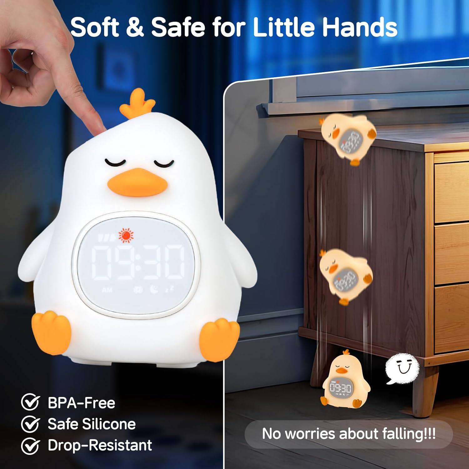 Yiliaw Alarm Clock for Kids with Night Light, Sleep Training Clock Time to Wake Clock, Rechargeable Silicone Light for Bedroom, Perfect Sleep Companion for Boys Girls, Sleepy Duck