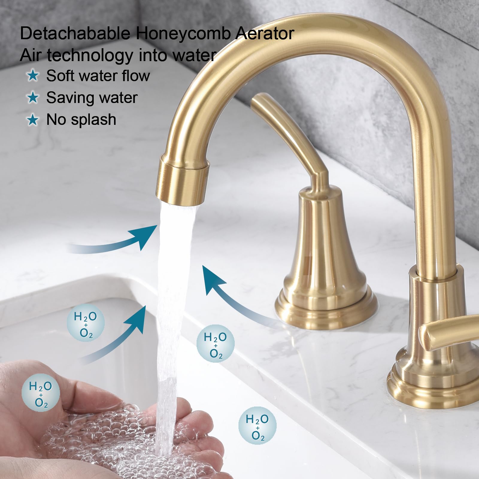 RKF Zweigriffige Badezimmer-Armatur Mit Pop-up-Ablauf – Gebürstetes Gold, Aufputz-Montage, Inkl. Zuleitungen