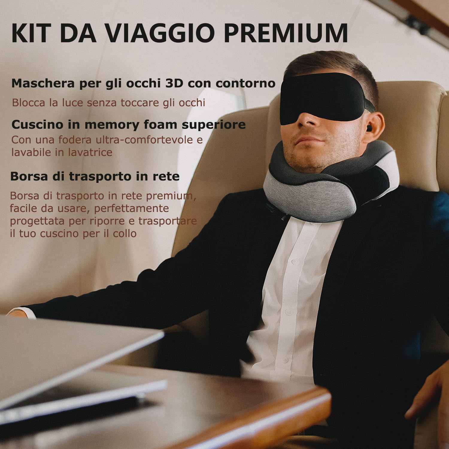 Proglobe Cuscino da Viaggio per Collo - Cuscino Cervicale, 100% Memory Foam, Cuscino per Dormire, Ideale per Viaggi in Aereo, Auto, Treno, Con Mascherina 3D, e borsa a rete premium, Grigio
