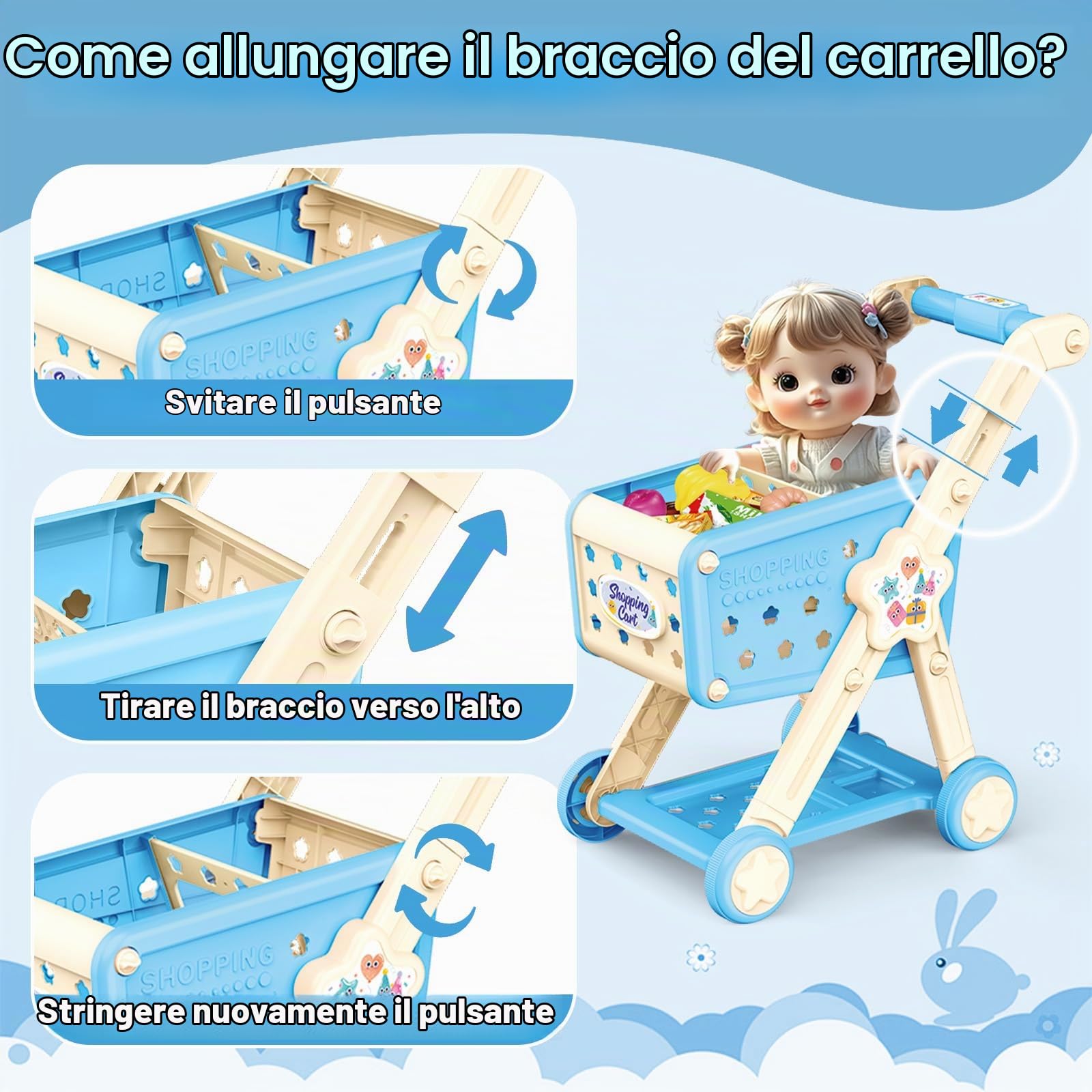 RedCrab Carrello Spesa Giocattolo con Scanner, 74 Pcs Accessori per Negozi: Calcolatrice, Carte di Credito, Frutta e Cibo, Gioco di Ruolo Giocattolo per Ragazzi e Ragazze 3+ Anni (Blu)