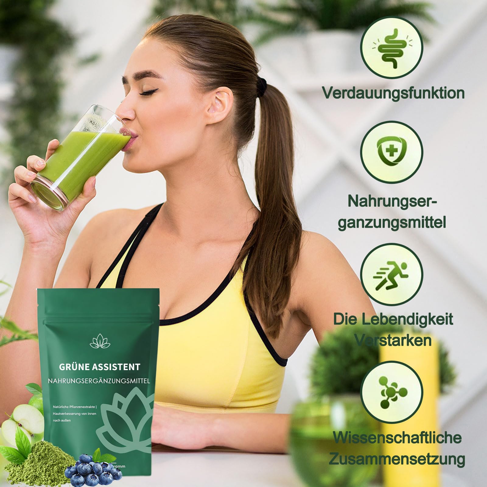 2 Pack Grünes Superfood Pulver 200g, Grüne Entgiftungspulver, Natürliches Pflanzenpulver mit Matcha, Spirulina, Gerstengras & Heidelbeeren, Für Energie & Stoffwechsel (Grüne*2)