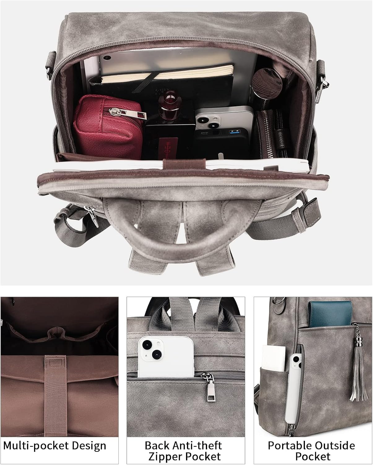 FADEON Leather Laptop Backpack for Women Designer 15.6 inch PU Laptop Bag, Ladies Travel Computer Work Backpack Grey - Image 4