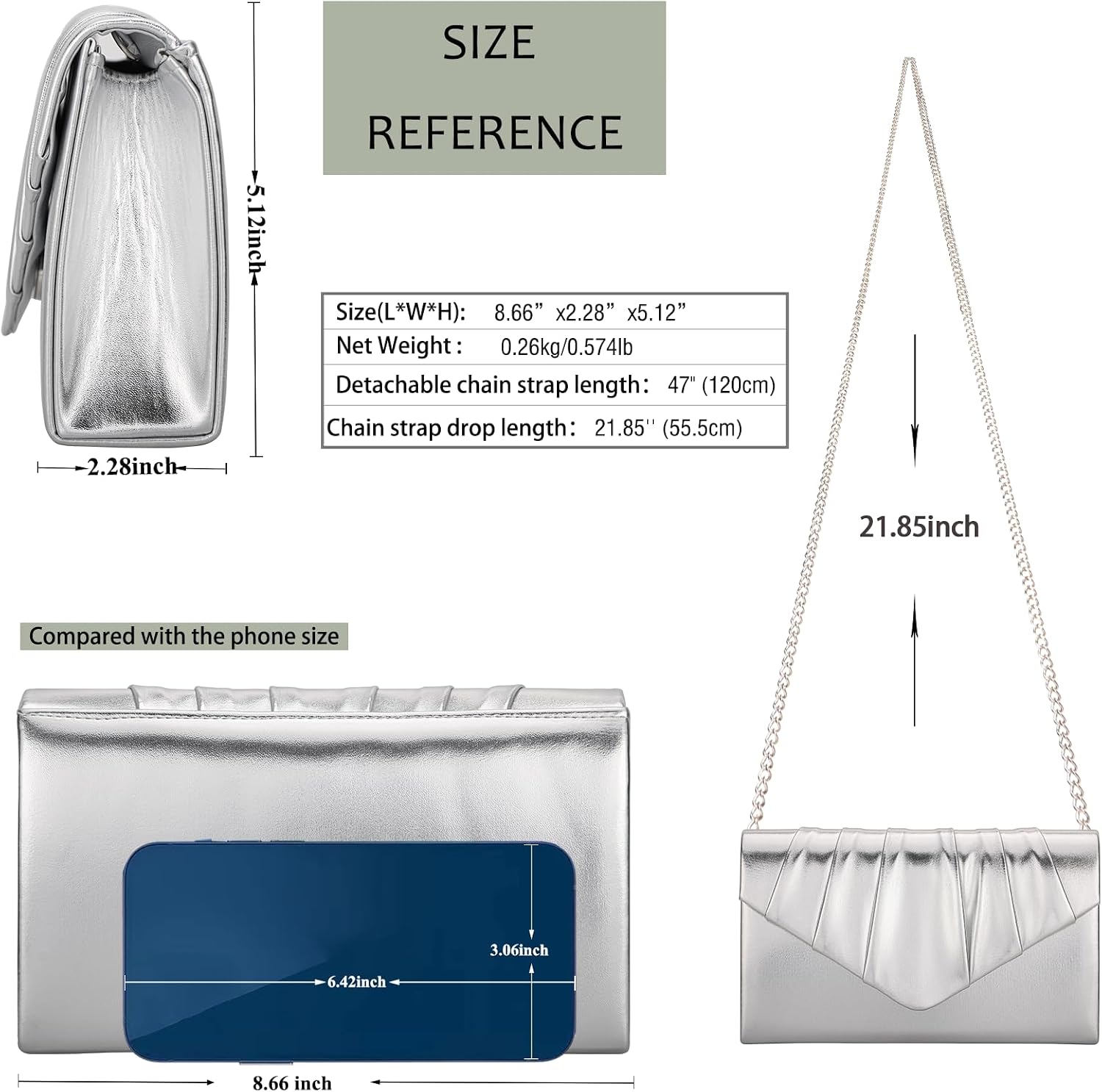 Women Evening Clutch Purse - Shimmering Metallic PU Leather Pleated Flap Envelope Handbag for Wedding Prom Party