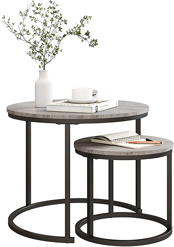 Miniatura 14 de HOJINLINERO Juego de 2 mesas de centro redondas para sala de estar, mesa de centro pequeña negra, mesa de estar, mesas anidables con marco de metal,
