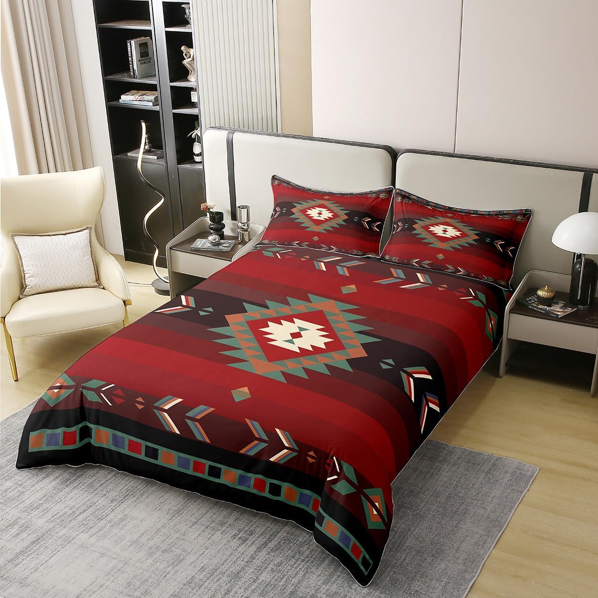 jejeloiu Twin Size 100% Cotton Southwest Native Design Duvet Cover Southwestern Geometric Bedding Set Ultra Soft Tribal Comforter Cover Set Red Green Bedspread Cover Room Decor Bedclothes Zipper