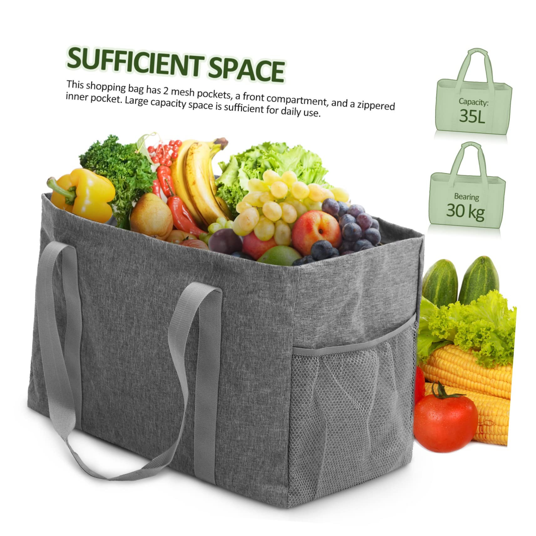 Borsa della Spesa Pieghevole in Cotone Canvas con Rivestimento, Capacità 35l, Doppie Tasche a Rete e Manici Rinforzati, per Spiaggia e Uso Quotidiano