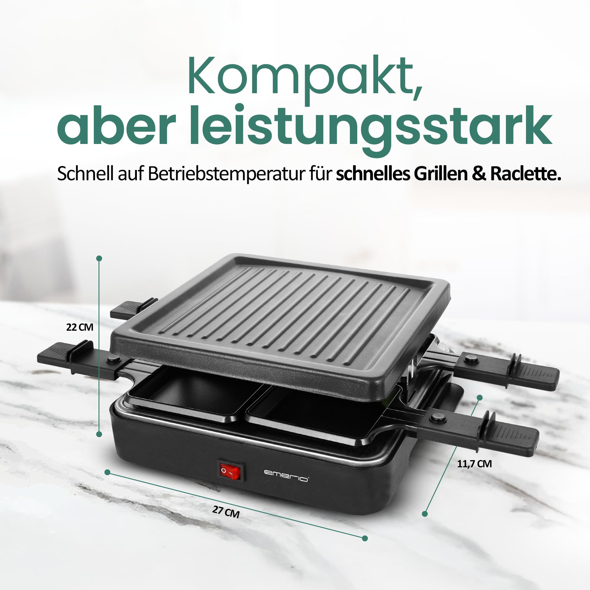 Emerio Griglia per raclette, 4 padelle, Piastra Antiaderente (RG-120656)