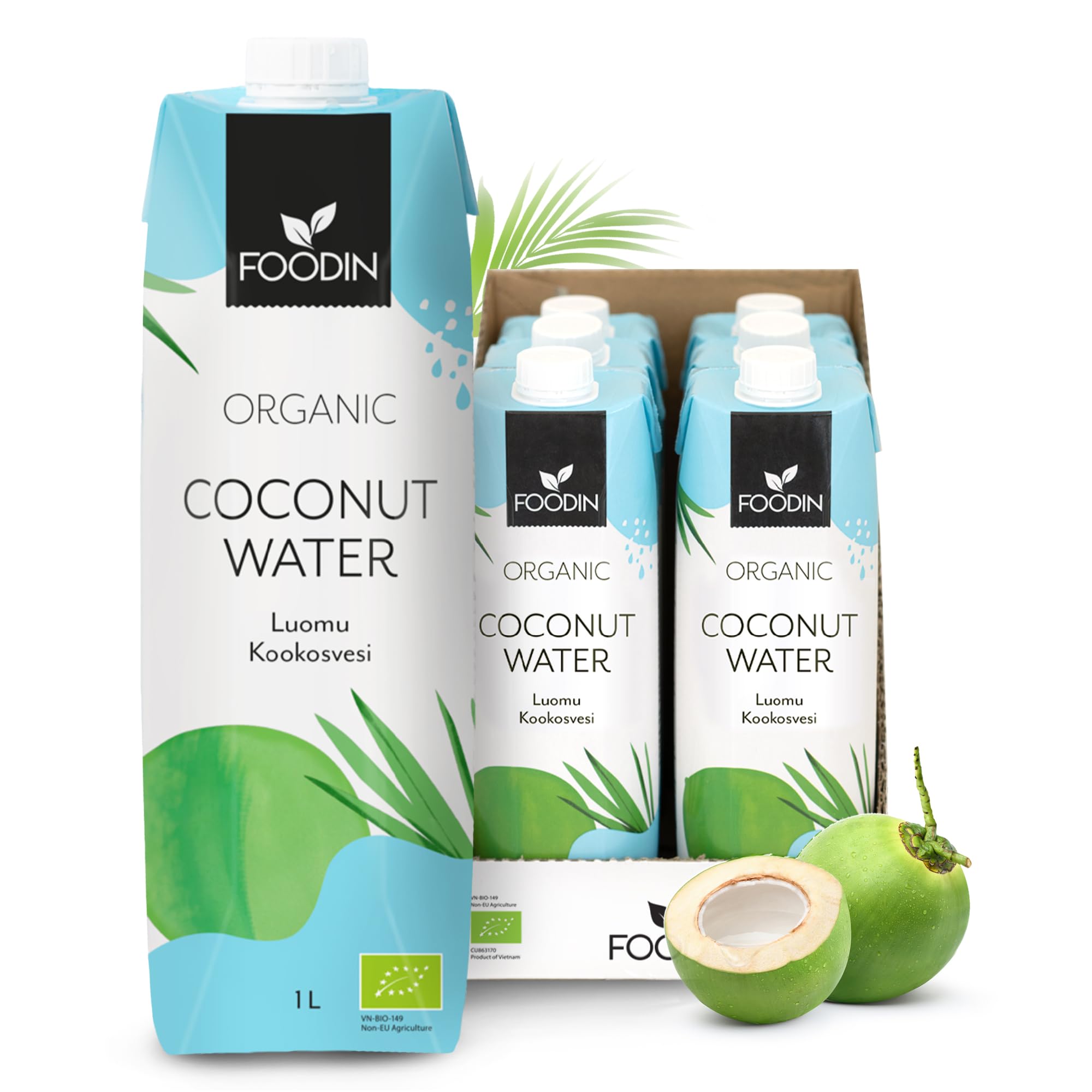 Foodin Eau de coco Bio, Naturellement hydratante avec des électrolytes, Sans gras, Sans gluten, Sans OGM, Faible en calories - Désaltérant apaisant - Paquet de 6 (6x1000ml)