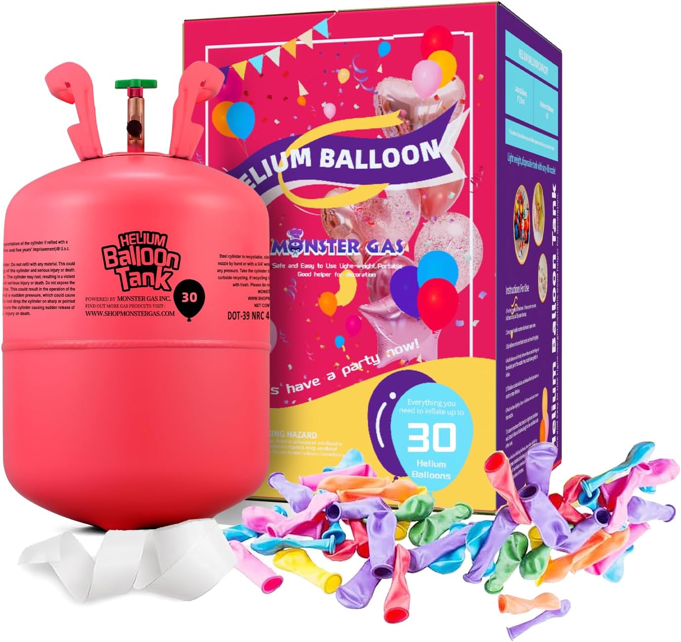 Monster Gas 7L Helium Tank For Balloons At Home, Balloon Helium Tank Up To 30 Latex Balloons, Small Helium Tanks