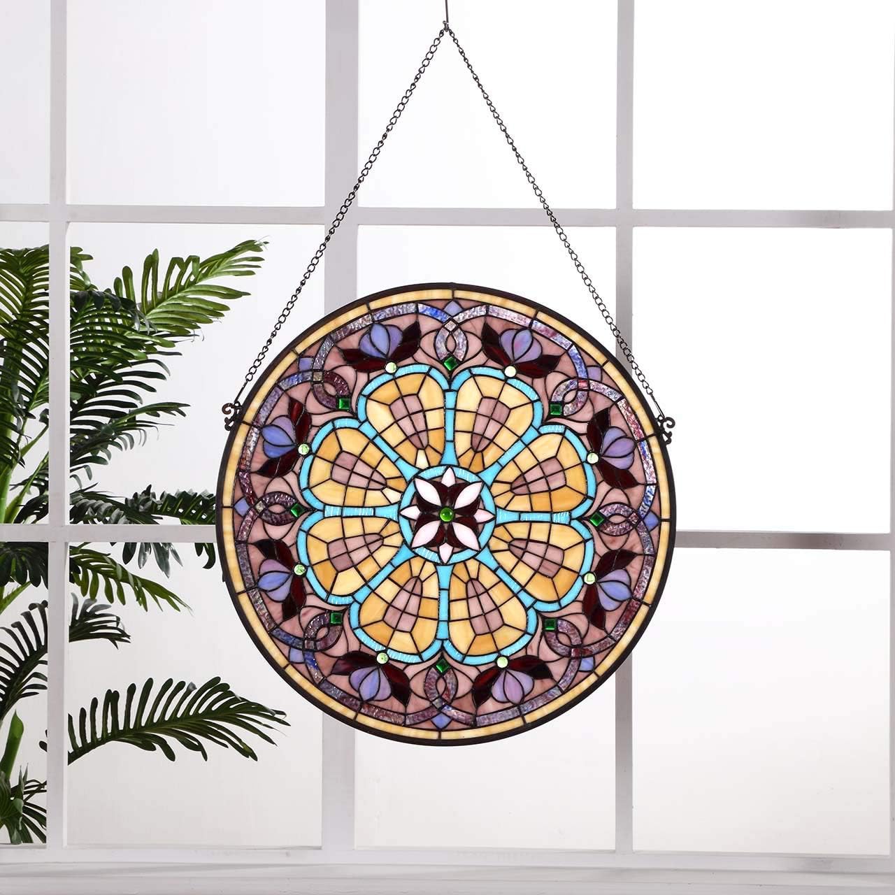 Bieye W10017 Victorian Tiffany Style Stained Glass Window Panel 22 inches Wide Round with Chain