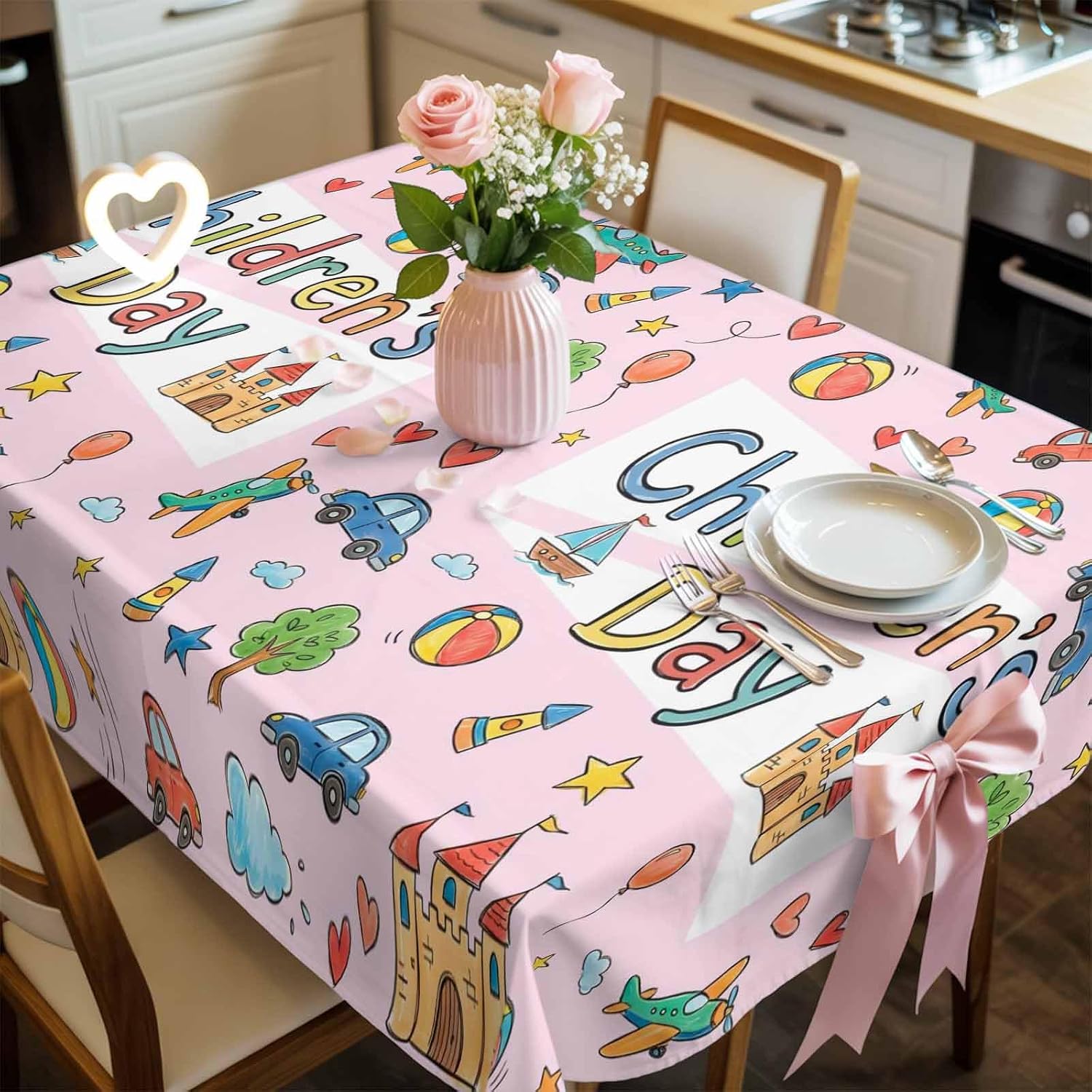 Children's Day Waterproof Table Cloth Cartoon Sun Airplane Castle Kite Boat Truck Balloon Pink Waterproof & Wrinkle Table Cover, Washable Polyester Soft Fabric Table Cloth for Outdoor Indoor Parties