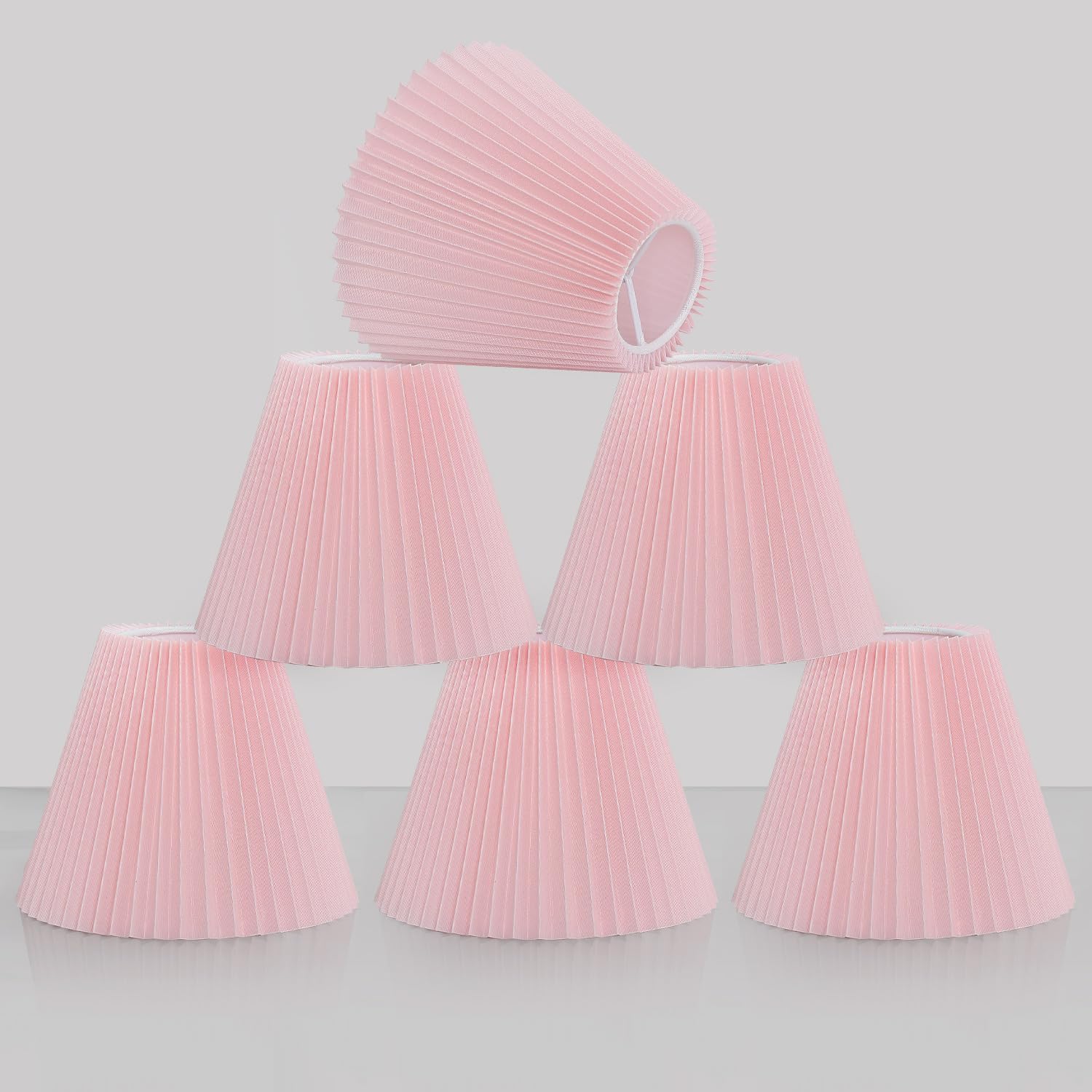 6 Pack Pink Pleated Chandelier Shades, 3" Top x 6" Bottom x 5" High, 3x6x5 Inch Clip On E12 Bulb, Pendant Light Wall Sconce Lamp Shade, 2-Layer Peach Pleat Barrel Lampshades Covers(Pink-Pleat, 6 Pcs)