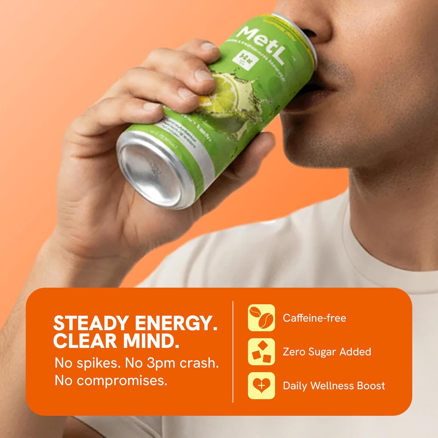MetL Focus & Performance Drink - Caffeine Free, Zero Sugar Added Energy Drinks with Nootropics, Antioxidants, & Vitamins for Mental Clarity & Clean Fuel, Orange, 12 Pack of 12 oz. Cans