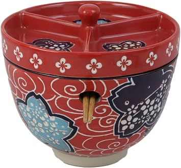 Ebros Japanese Dining Tempura Udon Noodles And Tentsuyu Dipping Sauce Large 6"D Bowl With Condiment Divider Lid And Built In Chopsticks Rest With Bamboo Chopsticks Set Red Floral Breeze
