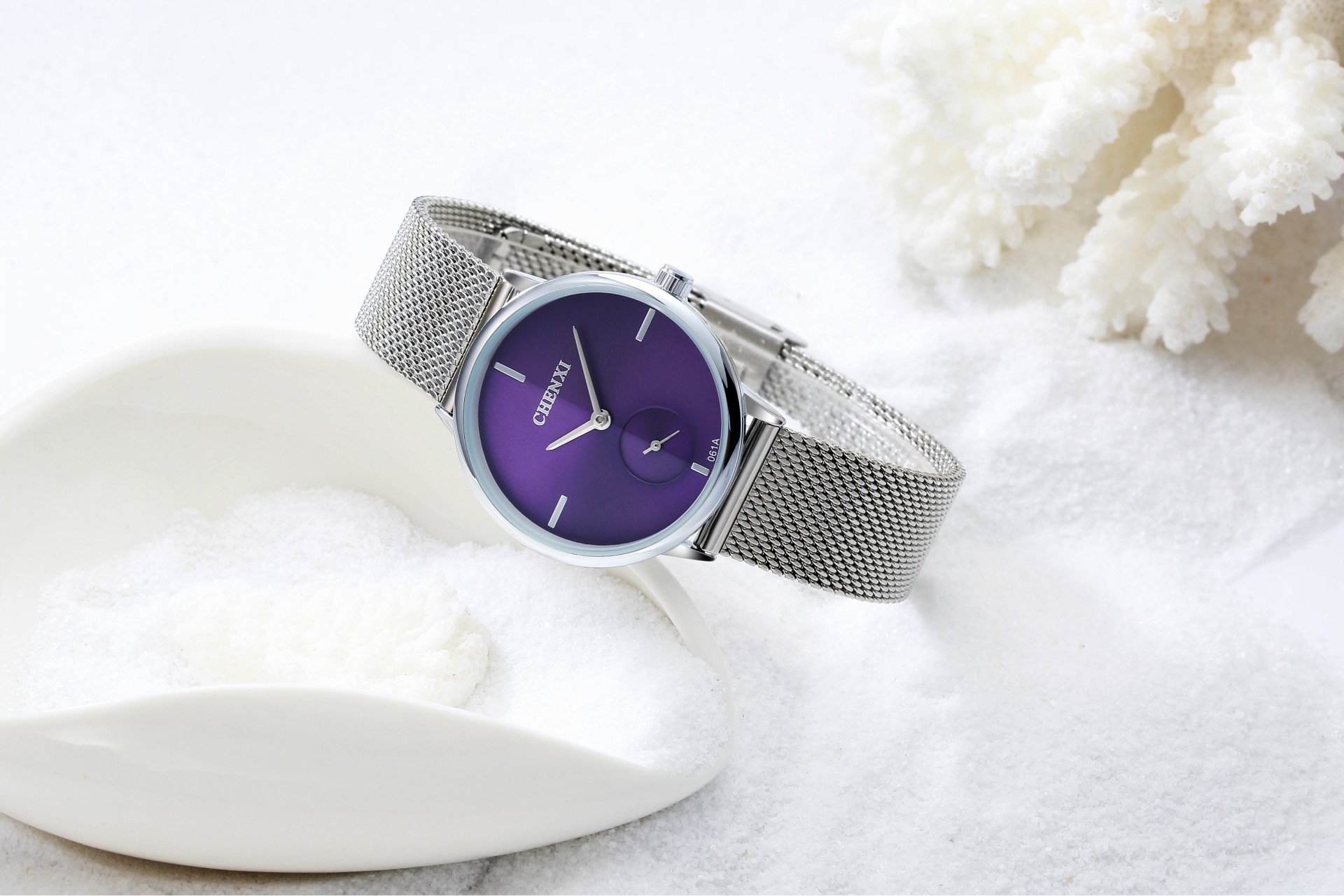 Reloj de pulsera con correa de malla tejida de acero inoxidable plateado para mujer, diseño simple, pantalla analógica, reloj de cuarzo, Púrpura, Reloj de cuarzo 3