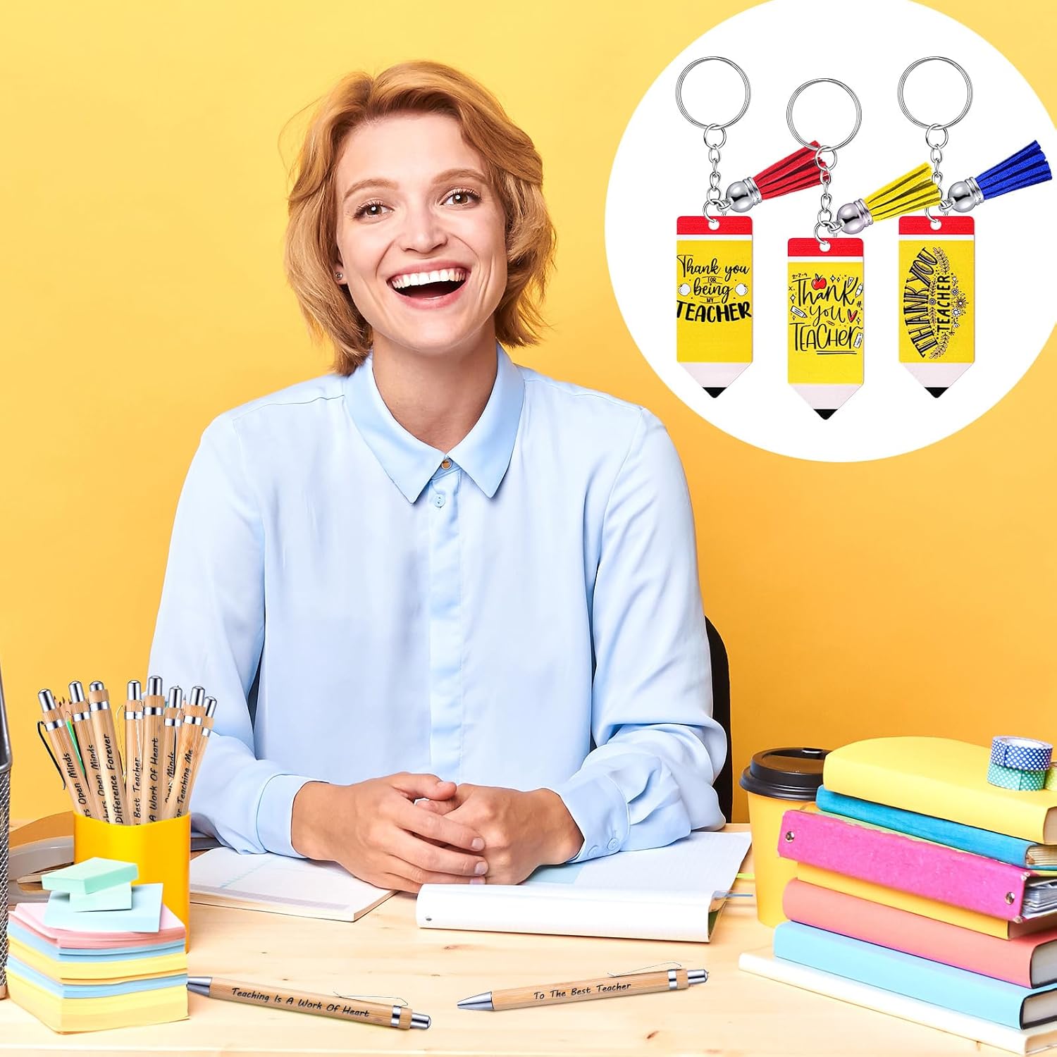 Ecation 25 Sets Teacher Appreciation Gifts Bulk, 25 Pencil Keychains with Tassel 25 Thank You Teacher Bamboo Ballpoint Pen 25 Organza Bags for Back to School Graduation Thank Gifts