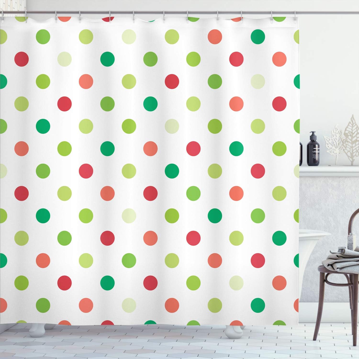 Ambesonne Polka Dots Shower Curtain, Vintage Grungy Circles Setting Digital Element Futuristic Illustration, Cloth Fabric Bathroom Decor Set with Hooks, 69" W x 70" L, Apple Green