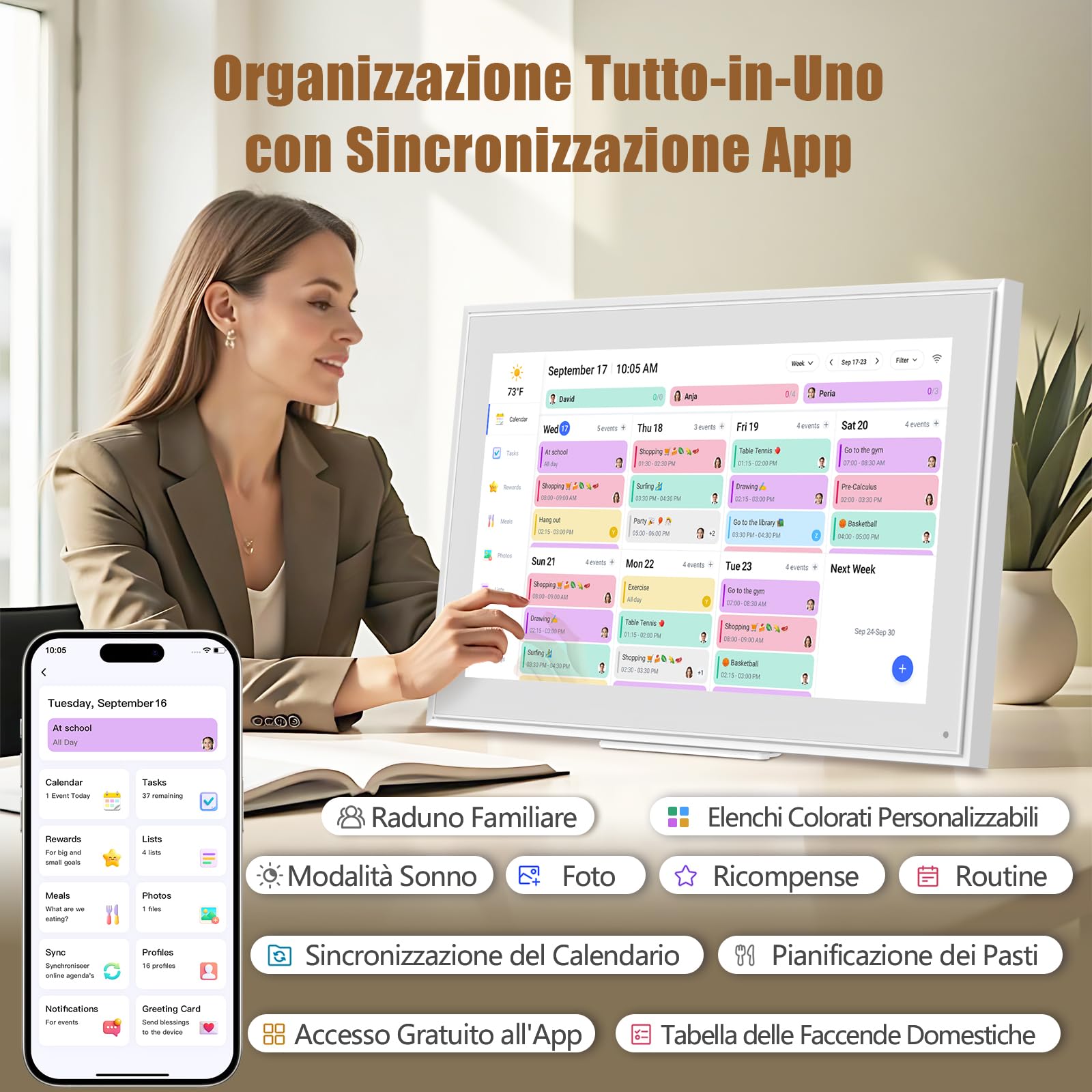 Calendario Digitale intelligente, schermo HD da 21,5 pollici, Planner da Parete e da Tavolo con Touchscreen, Sincronizzazione Smart, Foto, Video Frame e Gestione Attività, programma pasti
