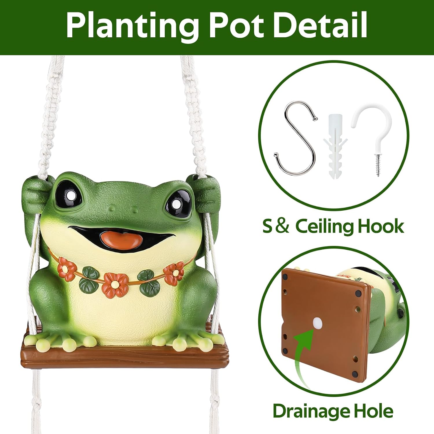 GUGUGO Swing Frog Planters, Cute Hanging Pot for Indoor Plants, Small Plant Pots with Drainage Hole, Unique Decorative Succulent Planters for Home Decor, Funky Funny Wall Decor Gardening Gift, Green