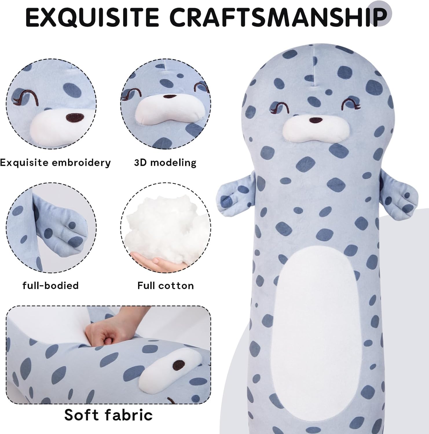 Tianmihou 36 inch Giant Ocean Seal Stuffed Animals Body Pillow, Large Chubby Seals Blob Plush Toy Plushy Long Gift for Kids Boys Girl Birthday, Easter