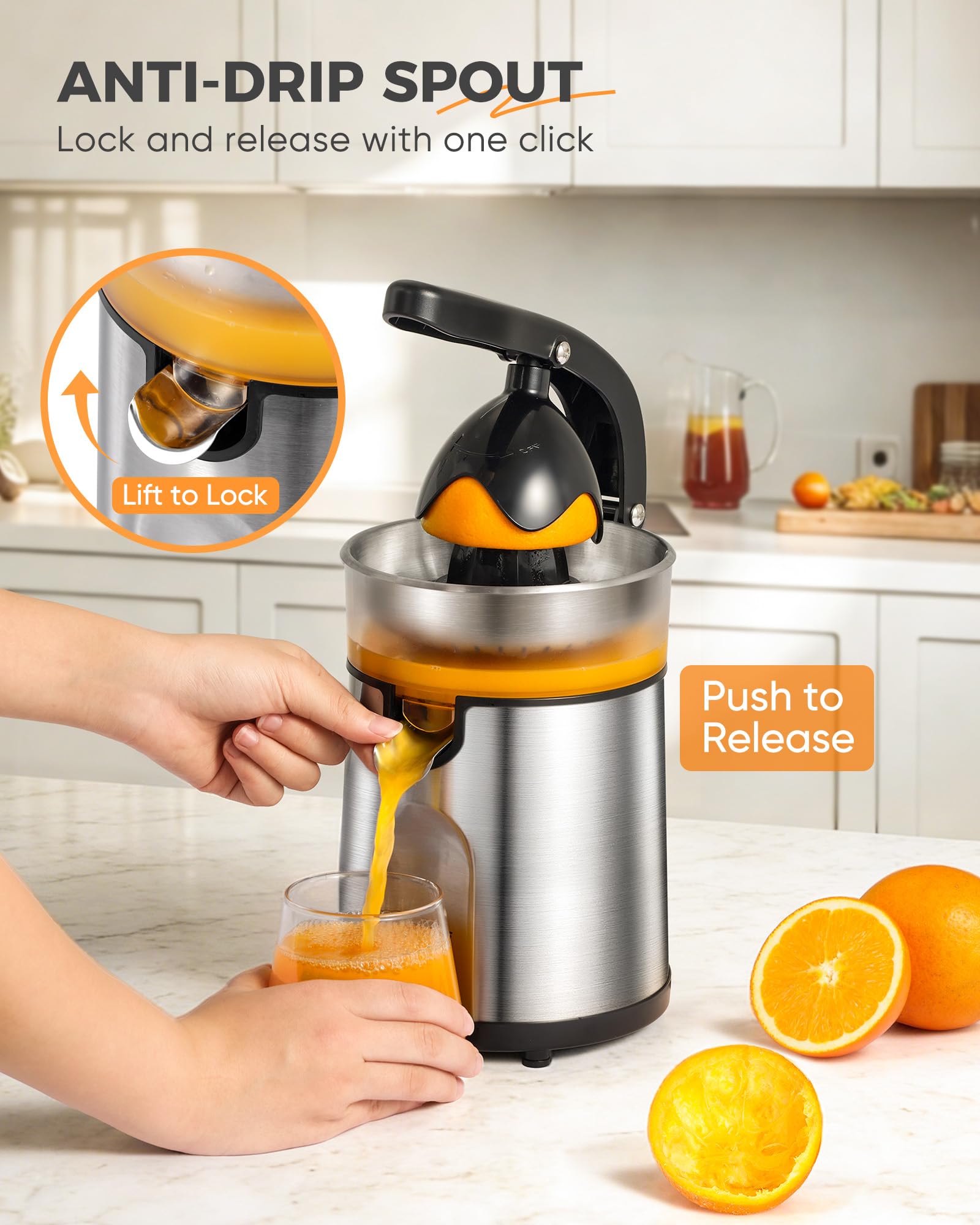 Exprimidor eléctrico de naranja, exprimidor de cítricos con 2 conos intercambiables, máquina exprimidor eléctrico de 160 W con cuerpo de acero inoxidable y colector de jugo transparente para