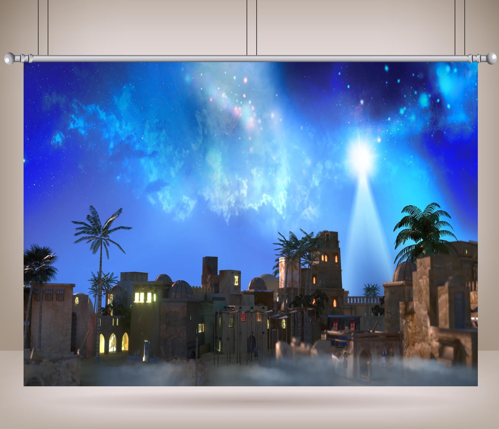 BELECO Tela 3x2,5m (10x8FT) Fondo Noche de Belén Estrella Guía Pueblo del Desierto Fondo Fotográfico para Iglesia Navidad Pesebre Fiesta Familia Niños Adultos