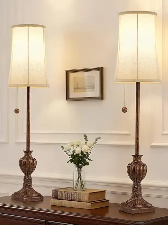 Set of 2 28-inch Tall Skinny Brown Resin Buffet Table Lamps with Pull Chain Switch
