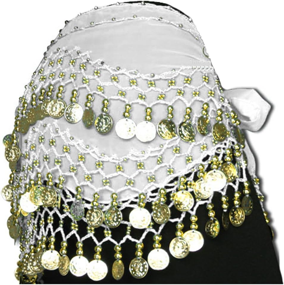 PLSHOPSWhite Belly Dance Wrap Hip Scarf Belt With Gold Coins