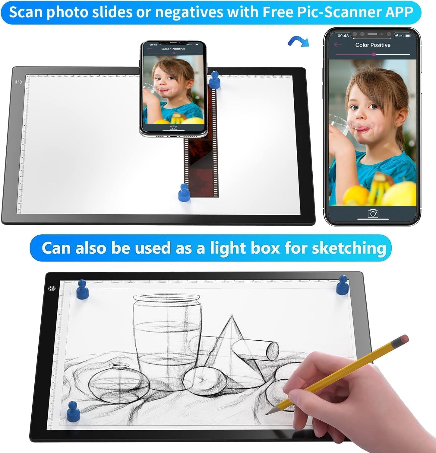 Slide Viewer Light Box for 35mm Slides & Film Negatives, A4 Ultra-Thin LED Light Pad for Scanning & Digitising Old Photos, 3 Adjustable Brightness, USB Powered Photo Negative Scanner Backlight — view 6