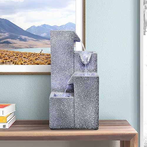 OUTNATURE Fuente de agua en cascada de escritorio de 15.7 pulgadas de alto con luces LED, cuencos de 4 niveles, fuente de cascada interior para