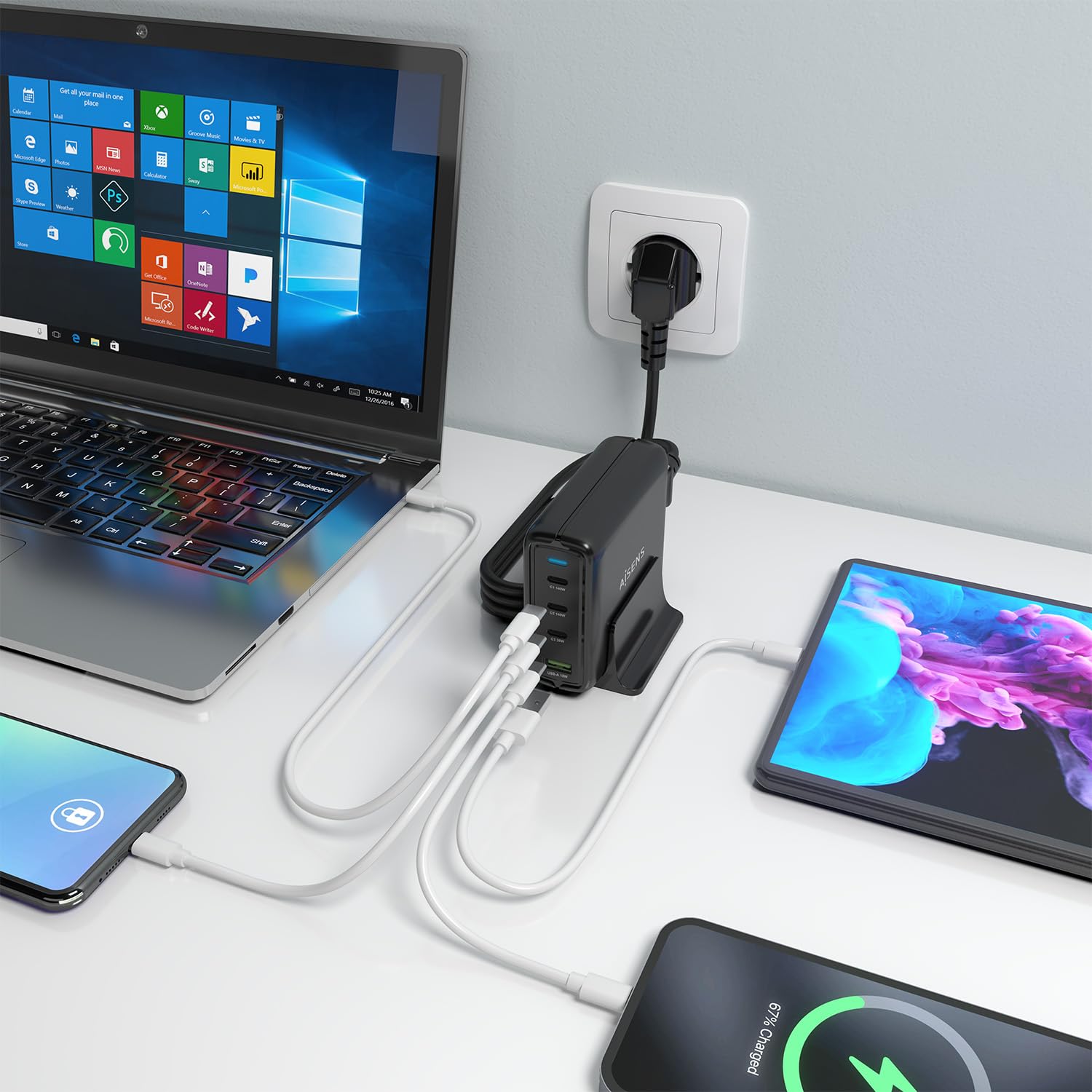 AISENS Cargador sobremesa GAN 140 W, 3 x USB-C PD3.1 QC4.0 QC5.0, 1 x USB-A QC3.0, Negro