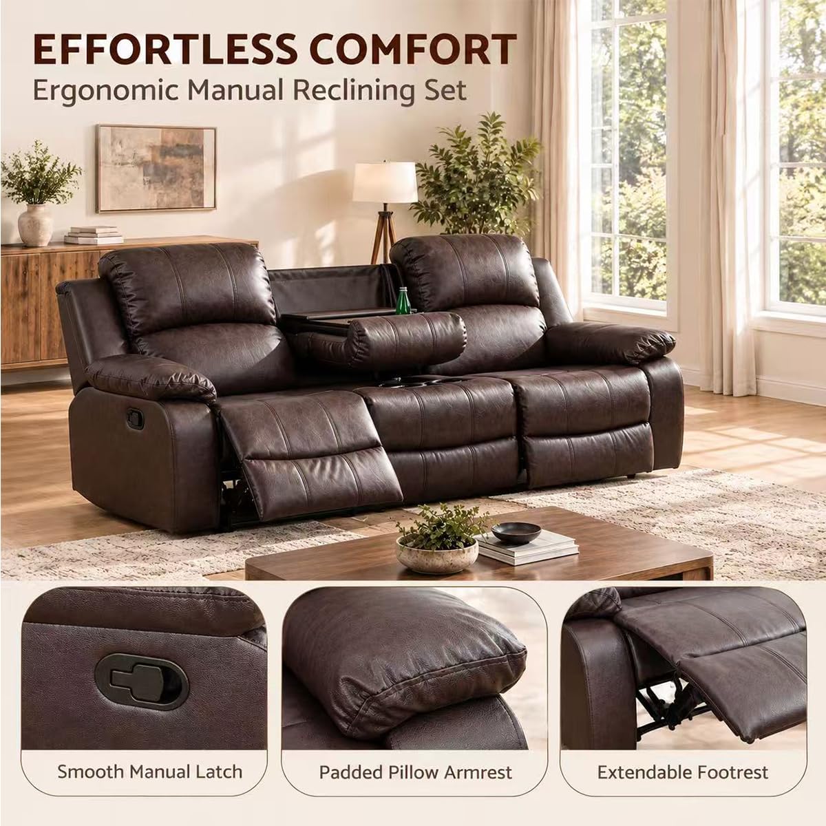 Toseslo Living Room Furniture Set, Manual Reclining Sofa Set, Brown Leather Recliner Couch Sets with Drop-Down Table, Recliner Sofa with Storage Console/Cup Holder for Living Room/Apartment view 4
