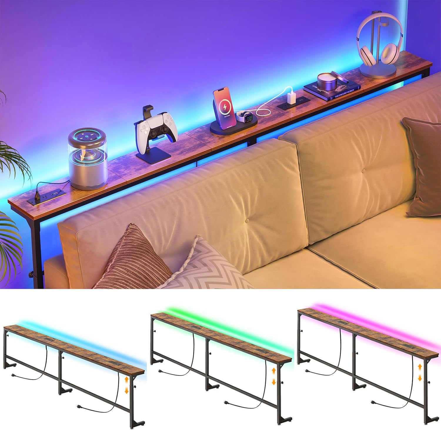 YGEOMER 79in Behind The Couch Table Skinny Adjustable Height Sofa Table with Outlet Narrow Console Table with LED Lights, Rustic Brown