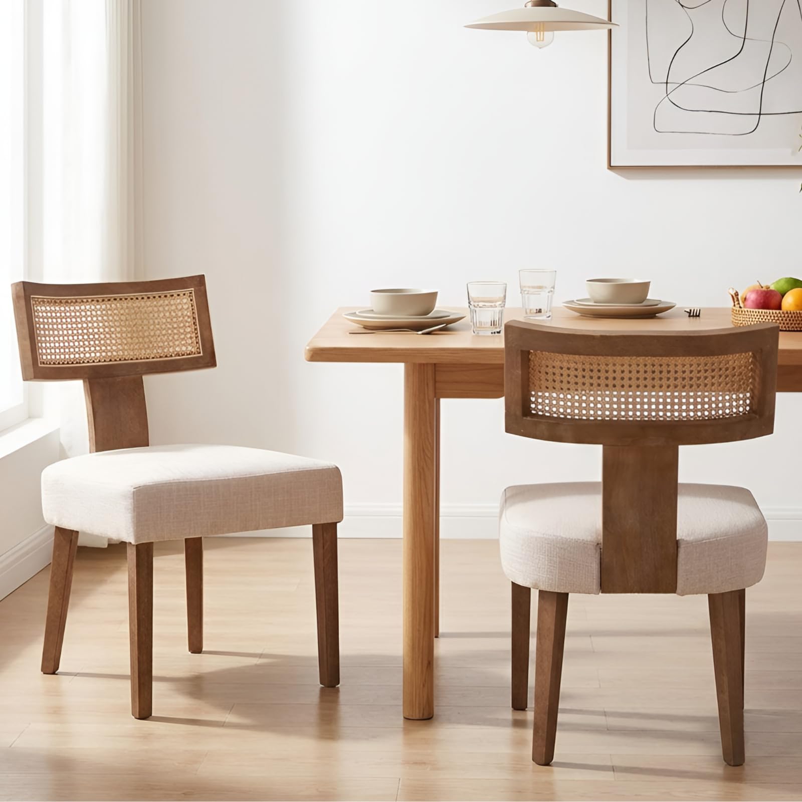 Ya-Home Retro Dining Chairs Set of 2 Wood Kitchen Chair with Rattan Backrest, Upholstered Side Chair Mid Century for Home & Kitchen, Natural