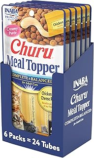 INABA Churu Meal Topper for Cats, Complete & Balanced, Creamy, Lickable Purée Cat Food Topper, 0.5 Ounce Tube, 24 Tubes (4 per Pack), Chicken with Cheese Recipe