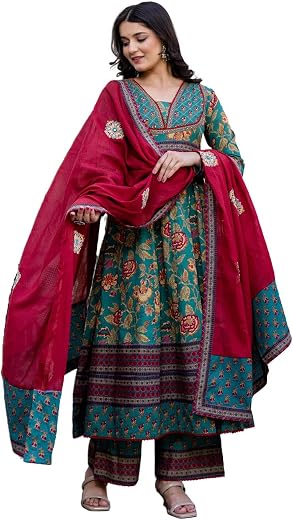 Pistaa's Women's Pure Cotton Anarkali Floral Printed Kurta with Palazzo &amp; Dupatta Set