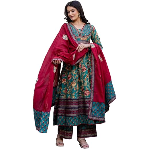 Pistaa Womens Cotton Anarkali Kurta Set