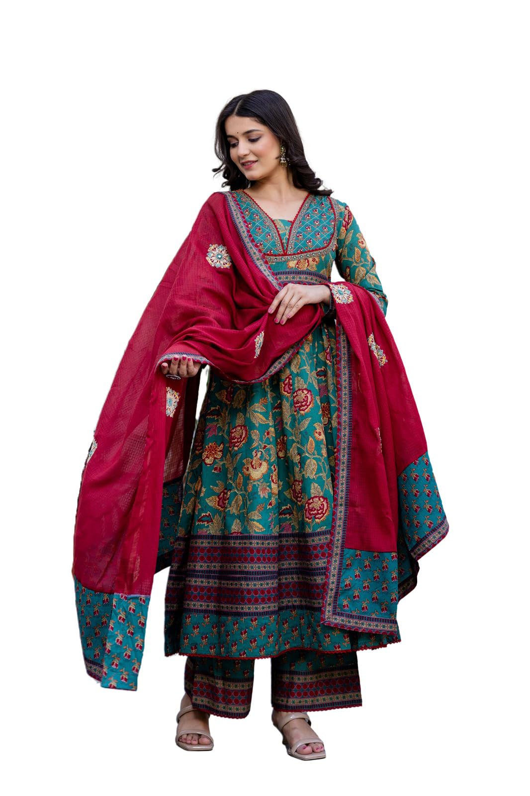 Women's Pure Cotton Anarkali Floral Printed Kurta with Palazzo & Dupatta Set-image-28