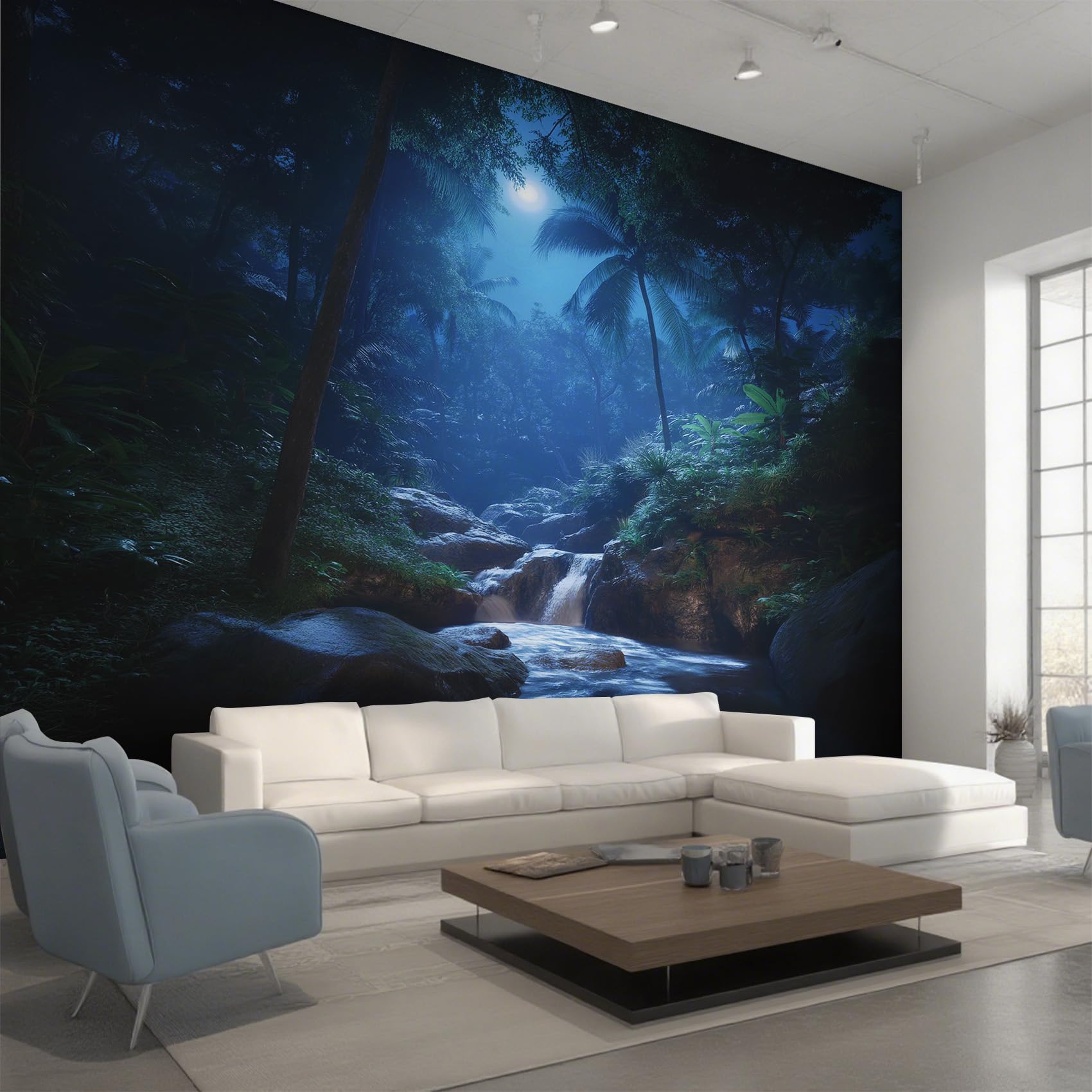 Générique Papier Peint Panoramique Jungle Tropicale, Papier Peint Forêt Tropicale Clair de Lune 350x256 cm, Fresque Murale Intissé, Décoration Murale Salon Chambre