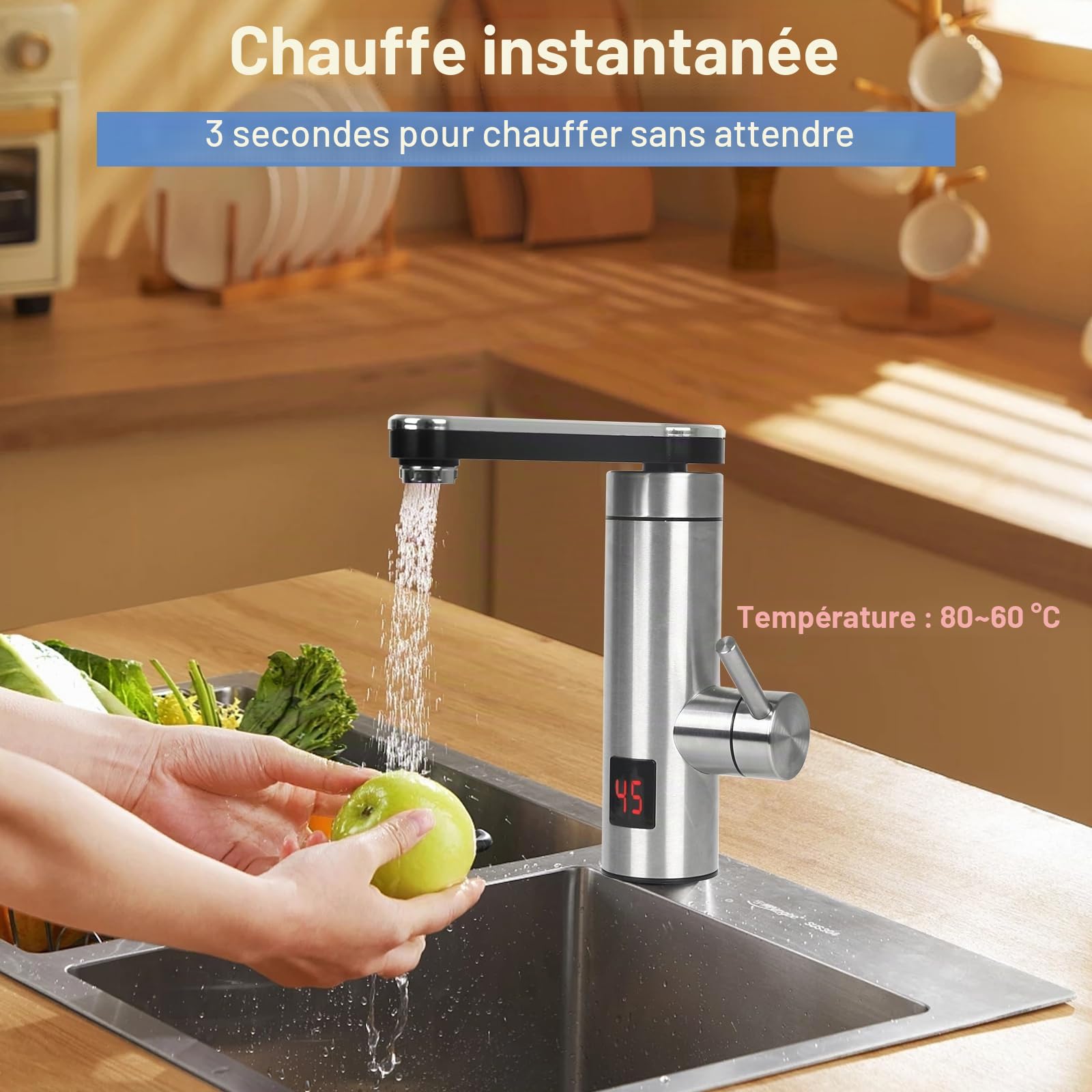 Chauffe-Eau électrique Robinet électrique Instantané en Acier Inoxydable 3 kW Avec affichage de la température LED à 360°, Robinet pour d'eau sans réservoir Cuisine et Salle de Bain