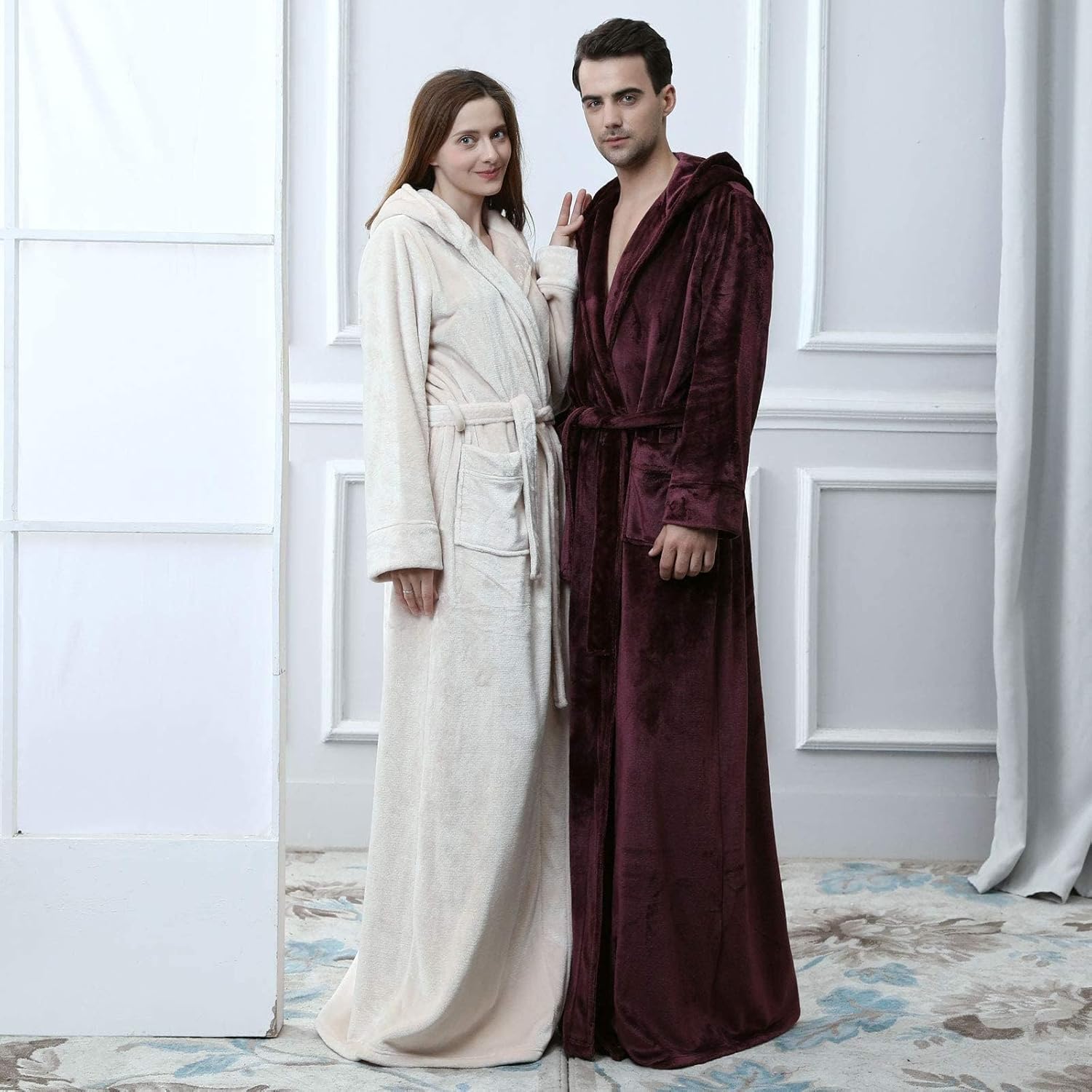 Flygo Womens Fuzzy Plush Long Hooded Robe Full Length Flannel Fleece Bathrobe Warm Housecoat - Image 3