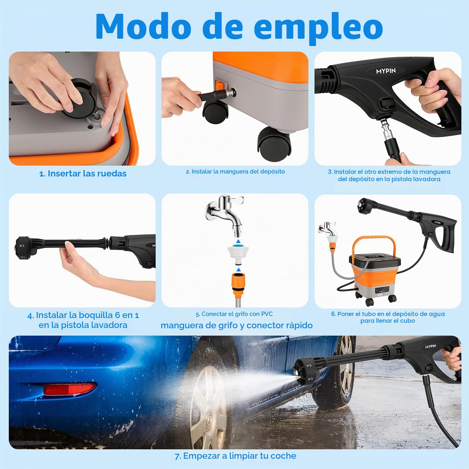MYPIN Hidrolavadora Portátil 13L Tanque, 7 Presiones Ajustables Máx. 660PSI | Boquilla 6-en-1, Manguera de 7M, Limpiadora Portátil con Ruedas para Coches, Suelos, Paredes, Vallas y Mascotas