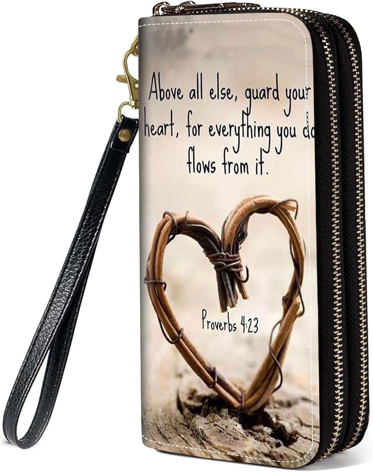 Quote Bible Verse Proverbs 4:23 Print Wallet for Women Large Capacity Wallet Credit Card Holder PU Leather Double Zipper Clutch Purse Phone Wallet