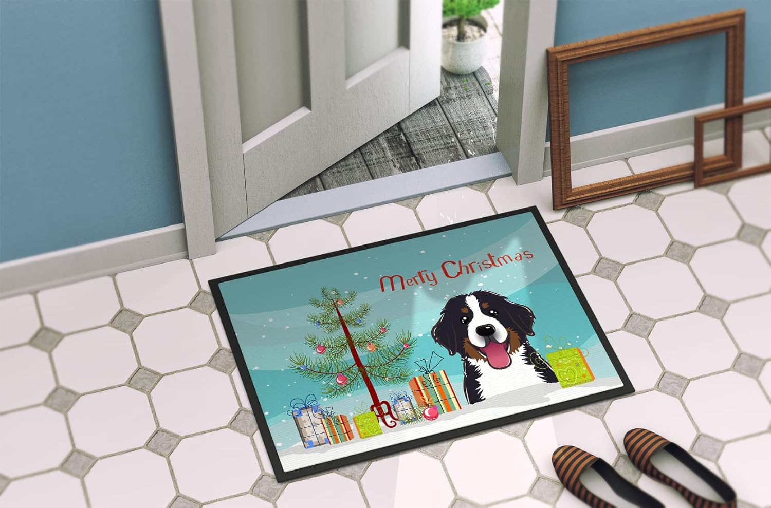 Caroline's Treasures BB1609JMAT Christmas Tree and Bernese Mountain Dog Doormat 24x36 Front Door Mat Indoor Outdoor Rugs for Entryway, Non Slip Washable Low Pile, 24H X 36W