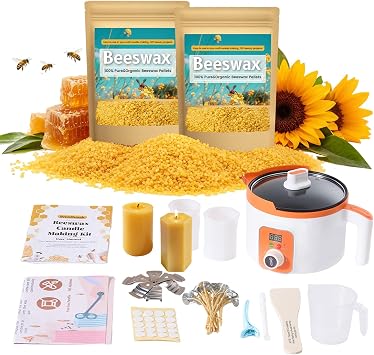 Beeswax Candle Making Kit, 2LB Organic Beeswax Pellets with Wax Melter | Precise Temp Control Wax Melter, Multi-Use Beeswax for Candle Making, Lip Balm & Soap, Ideal for DIY Crafters & Homemade Gift