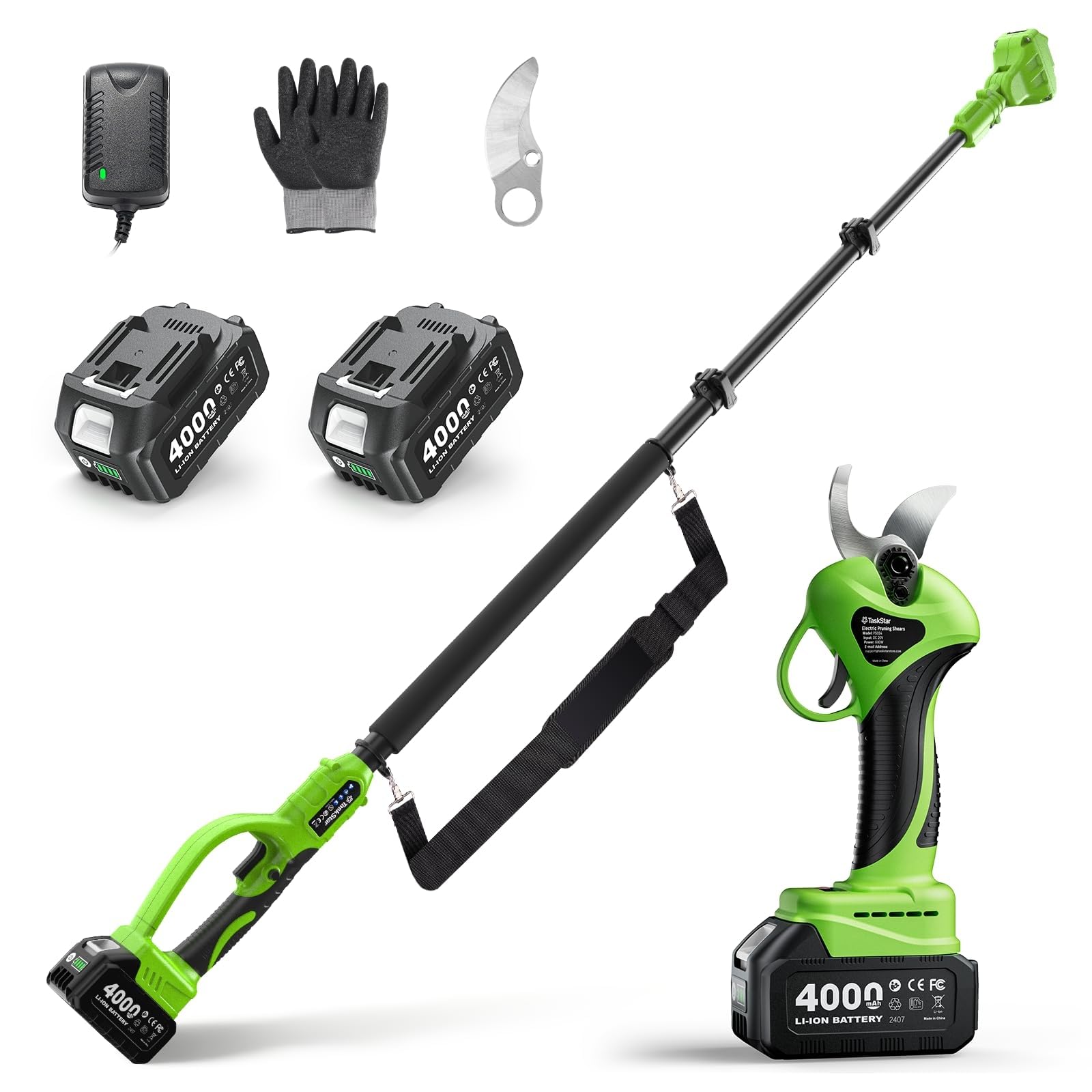 TaskStar 2 in 1 Forbici da Potatura a Batteria: 30mm Forbici Potatura Elettriche con Asta Telescopica 2,5mm, 2 Batterie da 4000mAh, Motore Brushless, Lama SK5 Extra, 3 Modalità di Taglio per Giardino