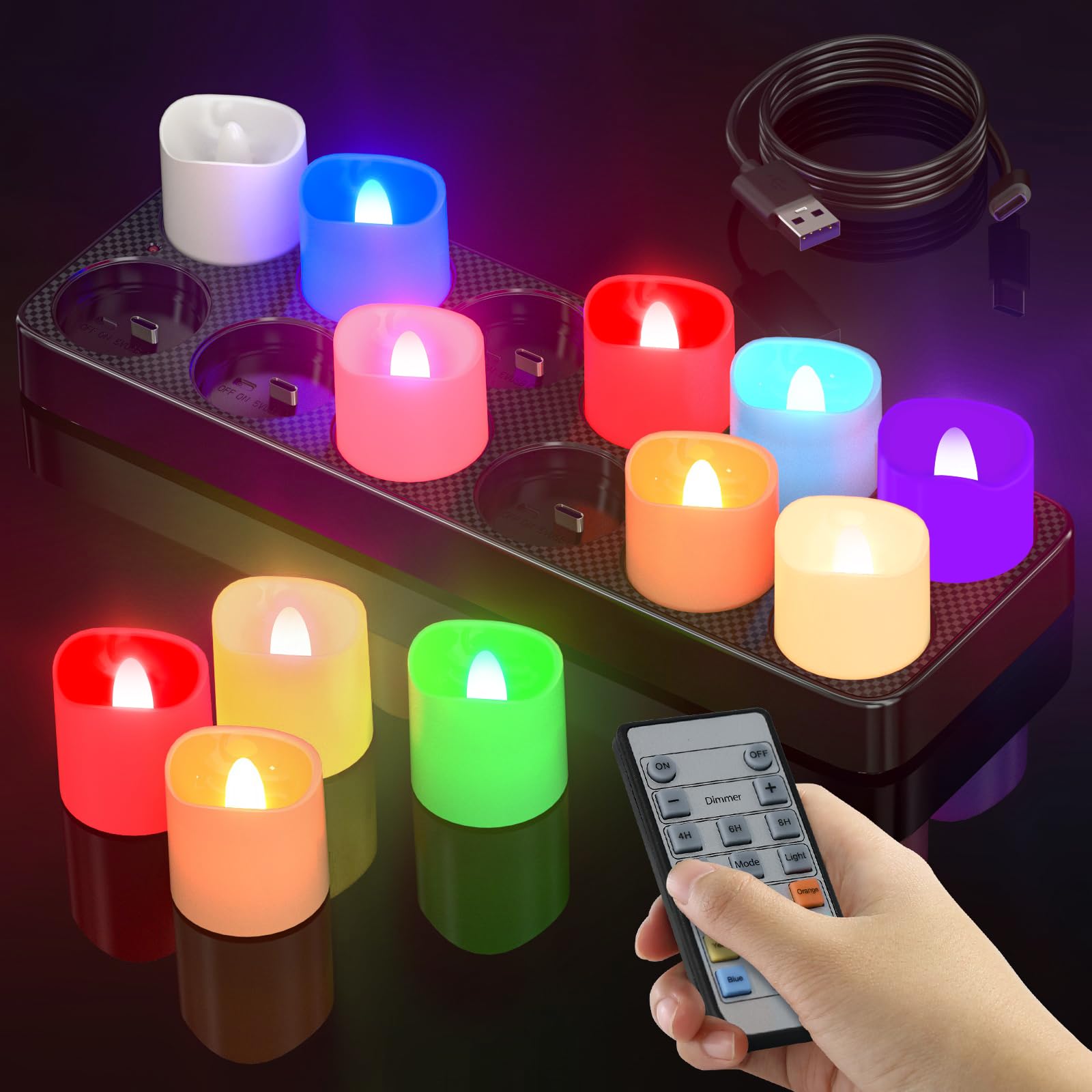 SoulBay 12er Bunte LED Teelichter Wiederaufladbar mit Fernbedienung & Timer | Aufladbare Teelichter mit Ladestation, LED Kerzen Aufladbar Flackernd für Kürbis Zimmer Wohnzimmer Halloween Deko Weihnachten